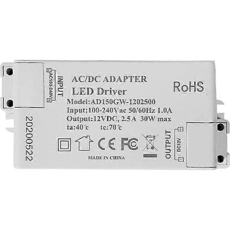 Transformateur LED, alimentation LED 30 W, 2,5 A, tension constante pour rubans LED G4, etc. (1/3)