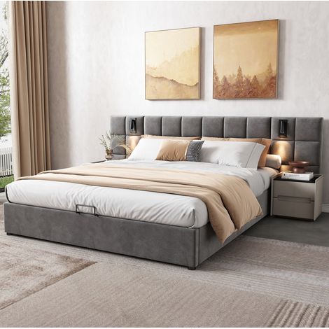 DESVIAE Lit coffre rembourré 160 x 200 cm gris avec tête de lit large lumière de lecture orientable port USB rangement hydraulique cadre en acier (1/4)
