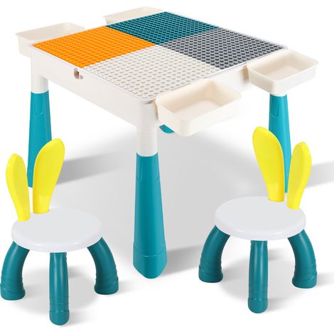 Jiubiaz Kindertisch,Set mit 251 Stück Bausteine 2 Stühle,Bausteine Multifunktionaler Aktivitätstisch Set für Kinder Baustein Tisch Stuhl Set,5151CM (1/5)