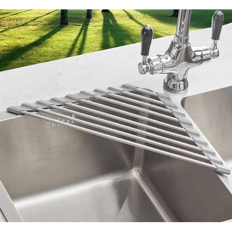 Petit égouttoir triangulaire pliable avec revêtement en silicone, cadre en acier inoxydable pour coin d'évier, égouttoir multifonctionnel pour la cuisine (1/5)