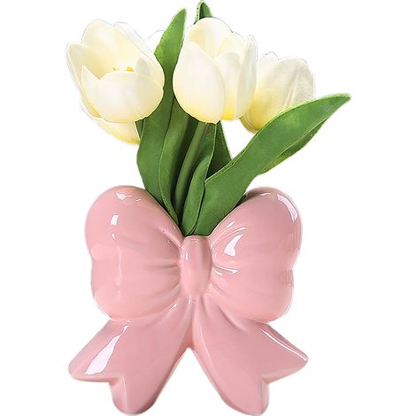 Vase Céramique avec Nœud Rose, Vert Clair et Blanc - Décor de Bureau Style Européen - Idée Cadeau pour les Fêtes (1/3)