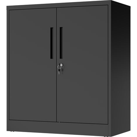 Armoire de rangement en métal avec deux portes verrouillables et deux étagères réglables, petit meuble en acier anti-basculement pour garage et maison, noir, à monter soi-même (1/5)