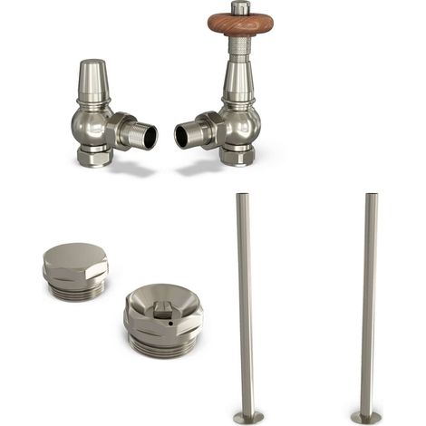 Derry Traditional - Silver Nickel Thermostatic Radiator Valve & Installation Kit Angled 15mm (130mm version) (1/4)
