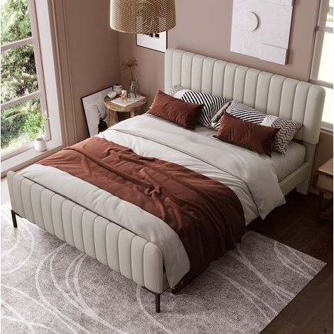 Letto imbottito moderno 140x200 cm con materasso, testiera regolabile, rete a doghe, lino grigio-beige (1/5)