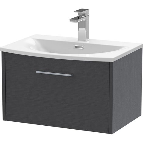 Winshill Contemporary 1 Drawer Wall Hung Vanity Unit with Curved Basin, Woodgrain Dark Grey, 600mm (1/4)