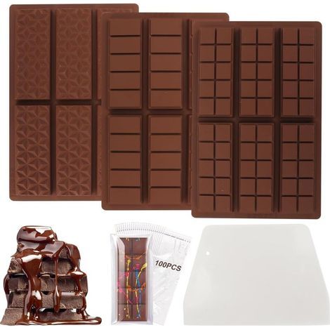 Set di 3 stampi in silicone a sei cavità per cioccolato, stampi per cioccolato Dubai, stampo profondo per cioccolato con raschietto e 100 sacchetti, stampo per cioccolato per cioccolato fatto in casa (1/5)