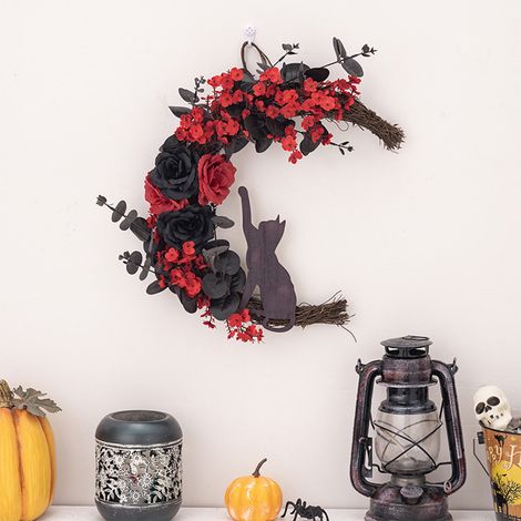 Couronne Décorative Porte Halloween - Rose Plastique Rouge et Noire - Dimensions 45 x 35 cm - Pour Porte Intérieure ou Extérieure - 1 Pièce (1/5)