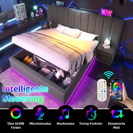 Lit rembourré 180×200, lit double avec rangement, contrôle par application, LED et fonction de charge USB-C, cadre de lit avec sommier à lattes, lin, gris, sans matelas ni table de nuit (1/5)