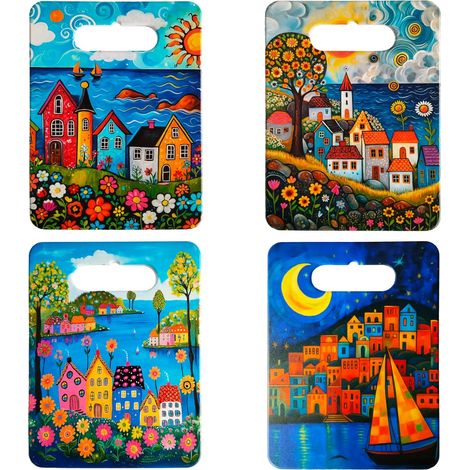 Set de 4 tablas de cortar de cerámica con casitas naif 24 cm (1/5)