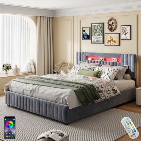 Bett mit Stauraum 140x200 cm, mit LED-Beleuchtung, hydraulischem Stauraum, Regalen, Lattenrost aus Holz, Metallrahmen, Polsterbett aus Samt - Grau (1/5)