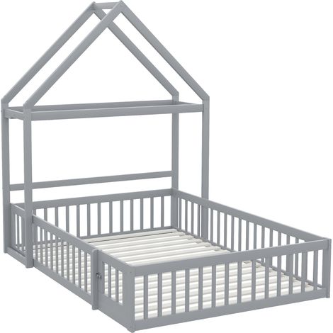 Lit cabane enfant 140 x 200 gris en bois avec rangement, barrière complète, porte et sommier (1/5)