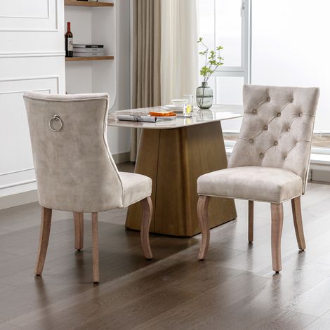 Chaise à quatre pieds,chaise en velours beige clair,dossier haut,avec patchwork à boutons,cadre en bois massif,beige clair (ensemble,2 pièces) (1/5)