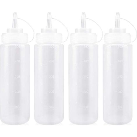 Flacon Sauce Cuisine avec Capuchon 500ml Bouteille à Sauce en Plastique pour Condiments, Assaisonnements, Ketchup, Moutarde, Mayo, Huile dolive, Clair, 16oz, 4PCS