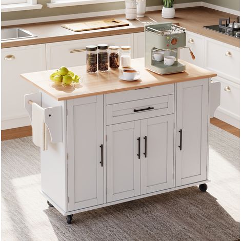 Isola cucina mobile 136x70x92 cm con piano estensibile, cassetti e ripiani, MDF bianco naturale (1/5)