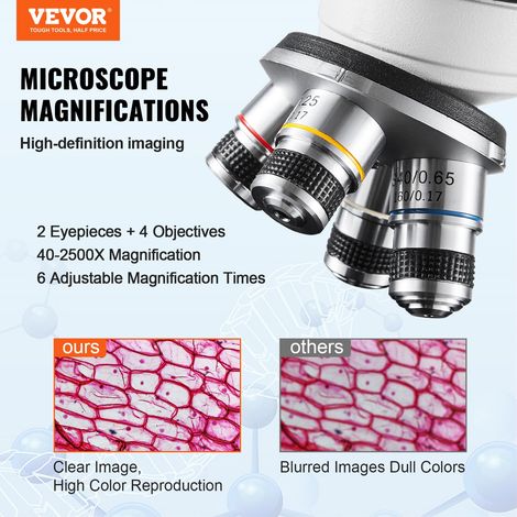 Microscope Binoculaire Composé 40X-2500X 6 Réglages Microscope Biologique Mise au Point Grossière et Fine de Précision avec Platine… (1/5)