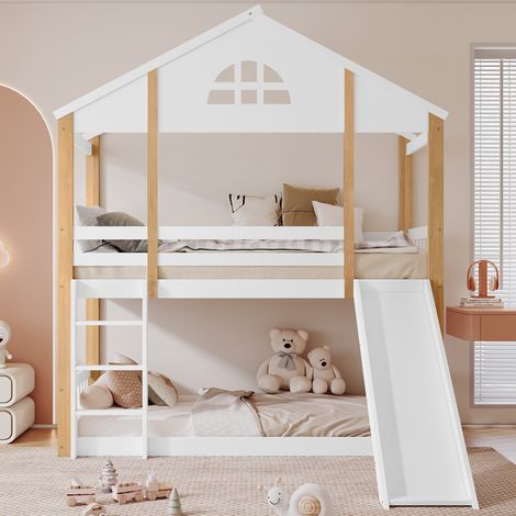 Etagenbett Kiefernholz und MDF Weiß/Natur 90x200 cm mit Rutsche, Treppe und Haus-Design (1/5)