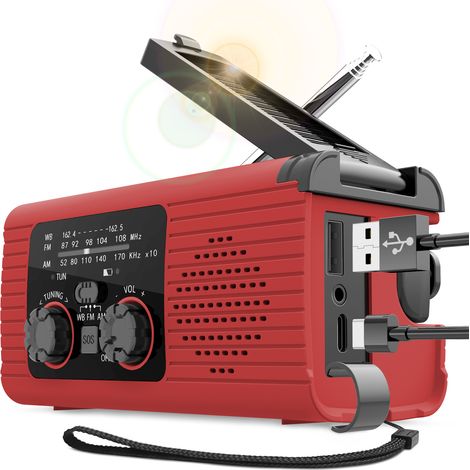 Radio con pannello solare, generatore a manovella da 2000 mAh con torcia (rosso)