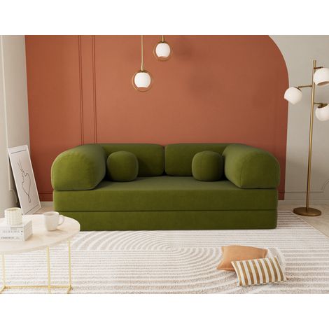 Lisa Design – Canapé convertible 3 places en velours texturé – Couchage occasionnel – Largeur 200 cm – Style contemporain – Vert kaki (1/5)