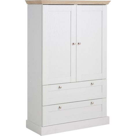 Armoire 2 portes chêne blanc – Intérieur réglable – Charnières et glissières en métal – Tiroirs spacieux pour rangement optimisé