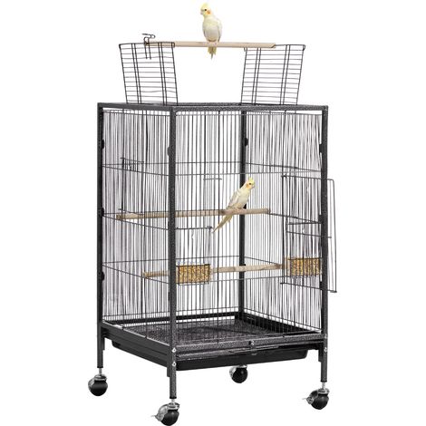 VEVOR Gabbia Voliera per Uccelli da 460 x 460 x 770 mm, Parte Superiore Piatta Aperta, in Ferro Battuto con Trespoli, Vassoio Estraibile e Mangiatoie in Plastica, Ruote, per Pappagallo, Cinciarella
