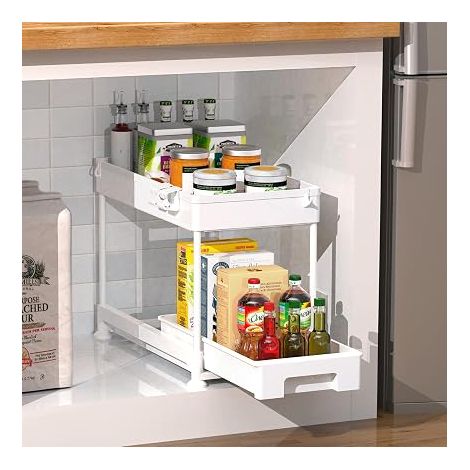 Ronlap Rangement Sous Évier Cuisine À 2 Niveaux Avec Tiroir Coulissante - Étagère De Rangement Multifonction Avec Crochets Pour Cuisine - Blanc (1/5)