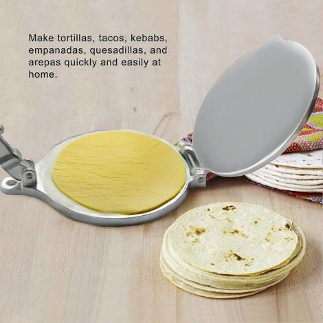 Presse à tortillas, machine à tortillas en fonte d'aluminium, robuste et pré-assaisonnée, pour tacos, crêpes, quesadillas, rotis, tamales et galettes [argent] (1/5)