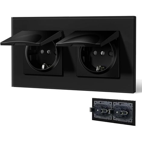Enchufe doble con tapa impermeable, Schuko con terminal de inserción, empotrable con placa de cristal, toma de pared empotrada 16A, 157 mm, negro (1/5)