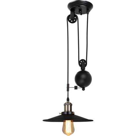 Industrielle Pendelleuchte, Retro Riemenscheibe aufgehängt Rise Fall Hängelampe E27 Höhenverstellbar für Kitchen Island Bar Flur Esszimmer - Schwarze