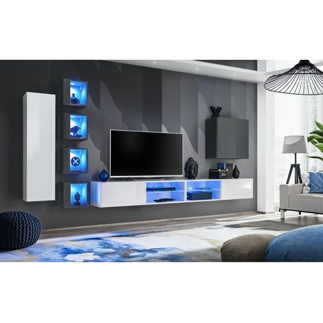 Ensemble meuble TV mural Switch XXVI - L 320 x P 40 x H 150 cm - Gris et blanc - Livraison gratuite