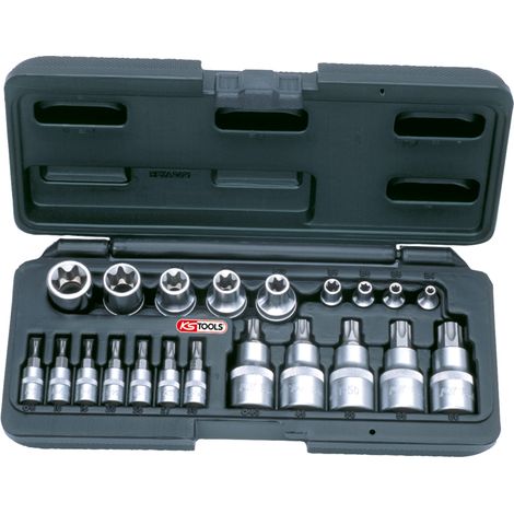 Kstools – Coffret douilles TORX 1/4'' et 1/2'' – 21 pièces en acier chrome vanadium – Empreintes E4 à E20 et T8 à T60 – Pour clés à cliquet