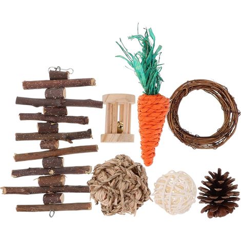 Natürliches Zubehörset für Ratten- und Mäusekäfige, Spielzeug aus Gras, Holz und Rattan, sicher zum Kauen für Kleintiere (zufällige Auswahl) (1/5)