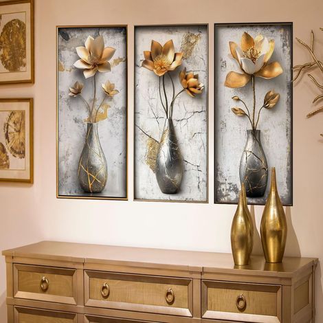 Autocollants muraux 3D en forme de vase floral doré à décoller et à coller pour salon, chambre à coucher, bureau, décoration d'intérieur (1/5)