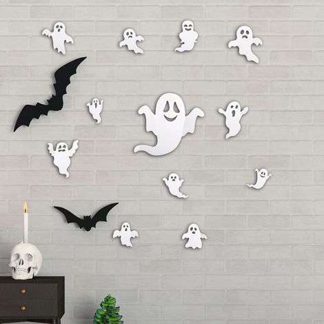 Lot de 12 grandes chauves-souris 3D et fantômes BOO pour décorer murs, vitrines et garages à Halloween 2022 - stickers muraux en relief, taille unique (1/4)