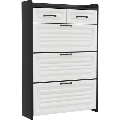 Scarpiera moderna in legno con 3 ante ribaltabili e 2 cassetti, bianco e nero, 80 x 23,5 x 131 cm (1/5)
