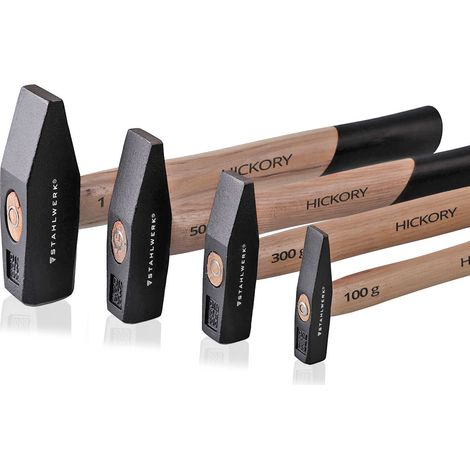 STAHLWERK Set di martelli da fabbro 100 g 300 g 500 g 1000 g, acciaio, legno di hickory