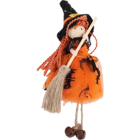 Petite figurine de sorcière à suspendre, avec jupe en gaze et balai, orange, idéale pour décorer une porte ou une fenêtre. (1/5)
