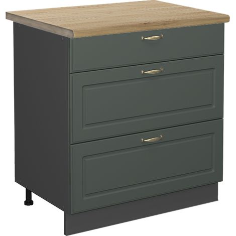 Mueble bajo de cocina Fame-Line, Verde dorado Casa de campo, 80 cm con 3 cajones, ET Roble, Vicco (1/5)