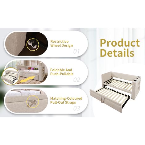 Gepolstertes Tagesbett 90x190 cm beige mit Ausziehbett, ohne Matratze – MEUBLIV (1/5)