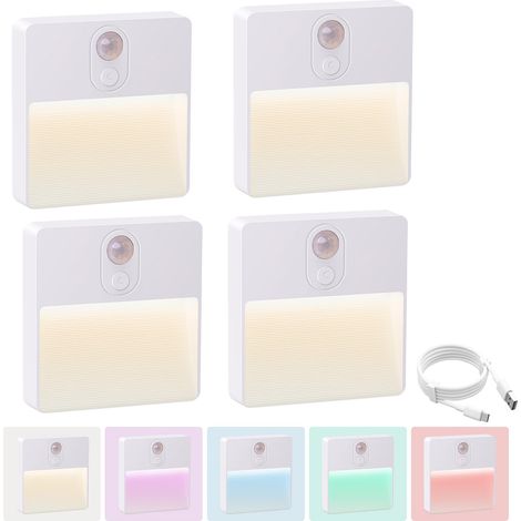 Lot de 4 veilleuses LED avec détecteur de mouvement, éclairage d'escalier rechargeable par USB, lampe de nuit RVB pour couloir, escaliers (1/5)