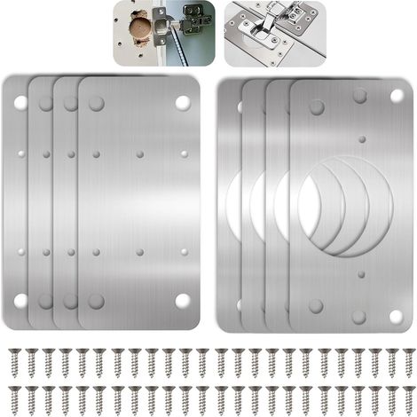 Plaque Reparation Charniere Porte Placard, 8 Pièces Réparation Charnières Meuble Cuisine Quincaillerie Plate Inoxydable Kit de Renforcement Fixation Porte avec Vis pour Bois Étagère Armoire (9046mm) (1/5)