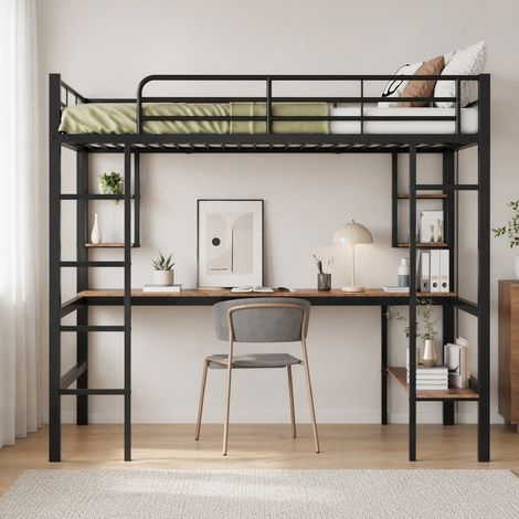 cama alta 140x200 con escritorio metal negro OKMYHOME (1/5)