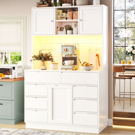 MEUBLIV Buffet haut de cuisine blanc 120x40x183,5 cm – LED intelligente et 8 tiroirs (1/5)
