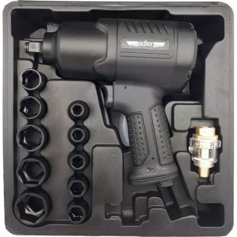 Adler Llave de impacto neumática 1/2" 1590Nm + juego de dados, herramienta profesional para montaje y desmontaje mecánico, alto torque, diseño ergonómico, estructura resistente, color metálico.