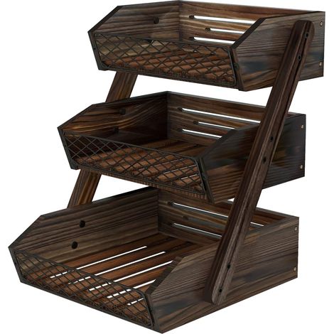 Corbeille à fruits pour plan de travail, support de rangement pour fruits Étagère à légumes rustique marron à 3 niveaux, présentoir à pain en bois, étagère de rangement pour plan de travail pour snac (1/5)
