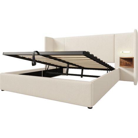 Doppelbett 160x200 mit Bettkasten, Nachttisch, Lampe und USB-C-Ladung, Beige (1/5)