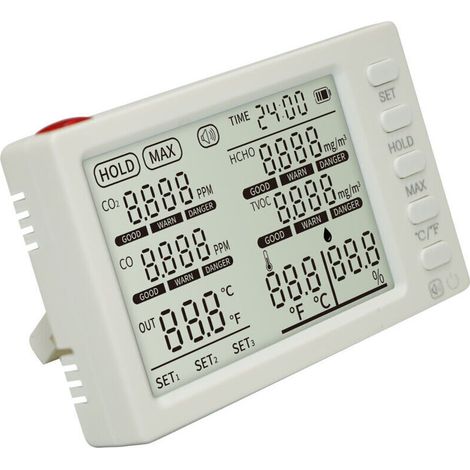 8-in-1 Indoor Air Quality Monitor, Portable Detector for CO₂, HCHO, TVOC, CO, Temperature, Humidity, Outdoor Temperature Probe, Date, Time, Tester for Office, School, Car, etc.