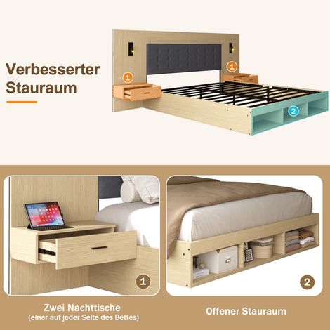 Lit double 180x200cm, sommier coffre en bois clair, lit jeune avec station de charge USB et Type-C, lampe de lecture, 2 tables de chevet incluses, teinte chêne clair (1/5)
