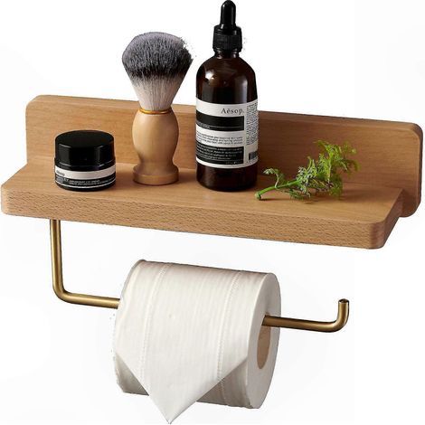 Porte-Papier Toilette Double en Bois Massif à Fixation Murale, Distributeur Autocollant avec Coins Arrondis pour Salle de Bains, Lot de 1 (1/3)