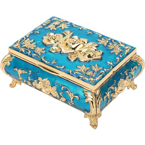Écrin à bijoux brillant en zinc, couleur or et bleu, revêtement velours anti-rayures, coffret vintage compact (1/5)