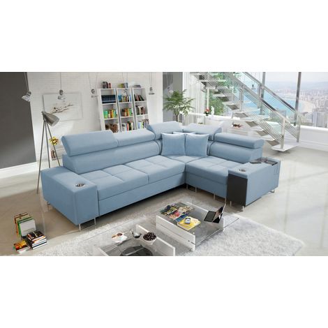 Elegantes Ecksofa mit Konsole und Ladegerät MORENA II Uttario Velvet Blau Rechts (1/5)